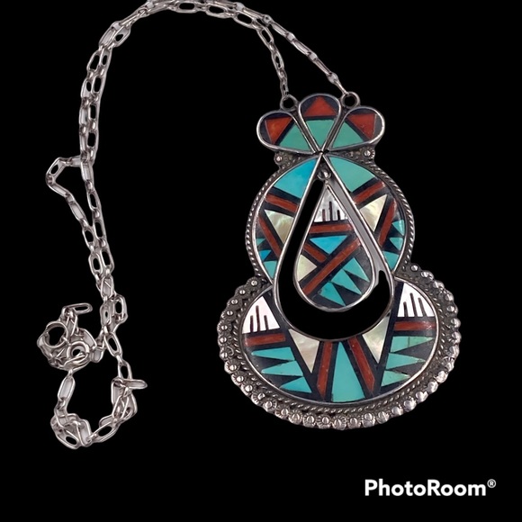 Vintage Zuni John and Rosali Bowannie Inlay Sterling Inlay Gemstone Necklace